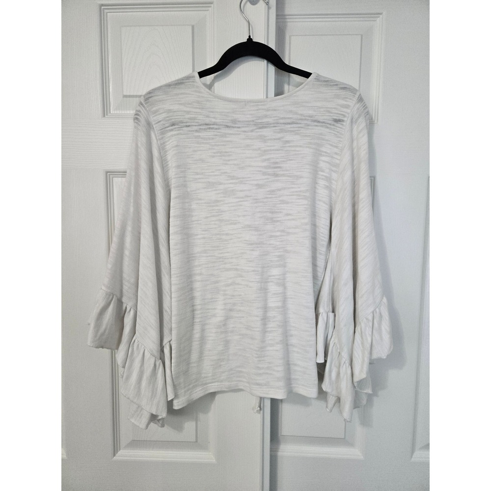 Earthbound Trading Co White Ruched Front Ruffle Bell Sleeve Boho Slub Top Large - Picture 3 of 5